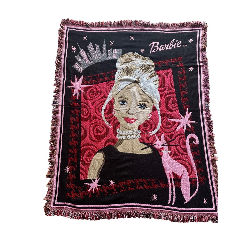 Vintage Barbie Woven Tapestry Throw Blanket Pink Black Cat The Northwest Company